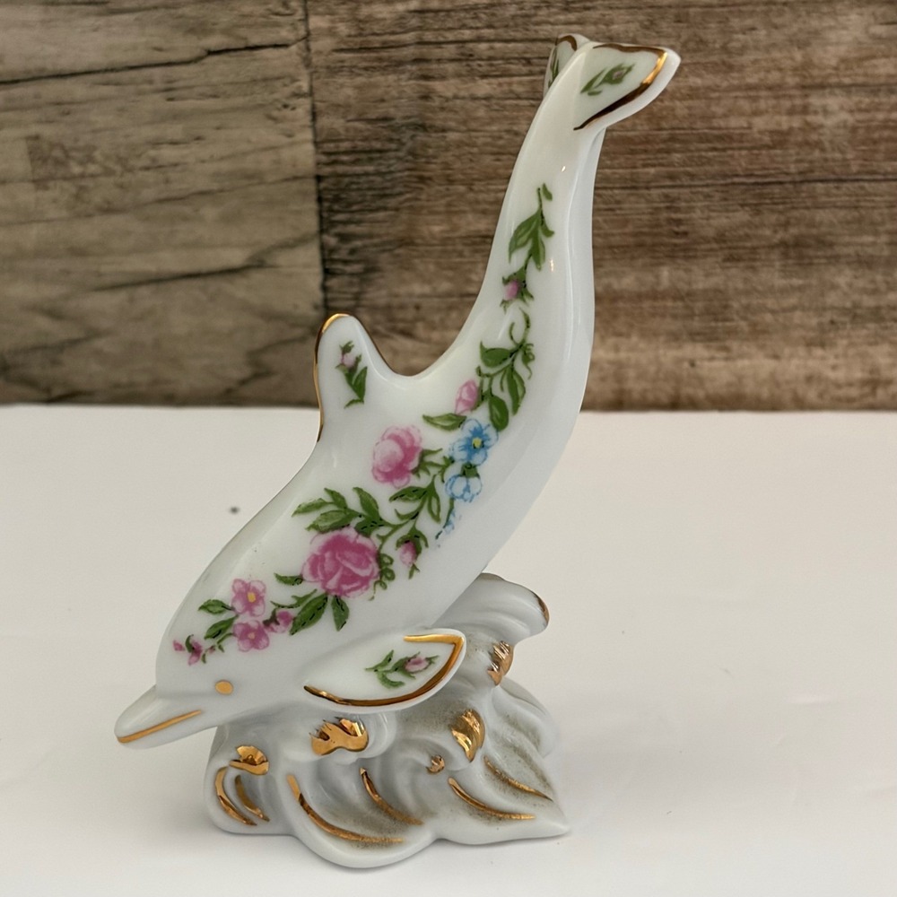 Lenox Porcelain Dolphin Figurine Floral Gold Trim Handcrafted Coastal Decor